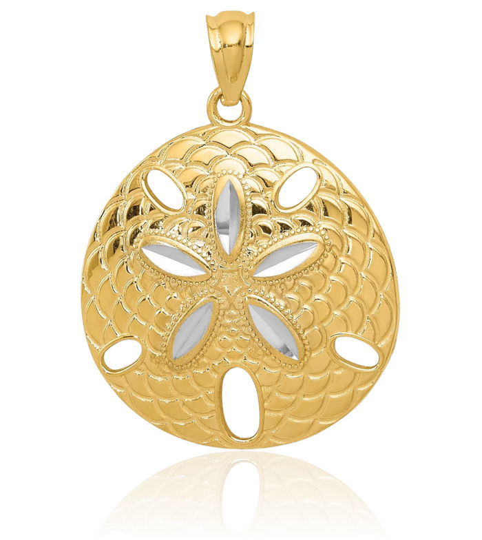 14K Solid Two Tone Yellow White Gold Sand Dollar Sea Star Starfish Necklace Chain Pendant Charm