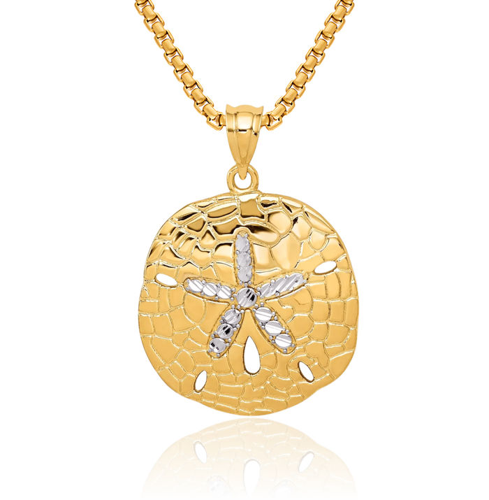 14K Solid Two Tone Yellow White Gold Sand Dollar Sea Star Starfish Necklace Chain Pendant Charm