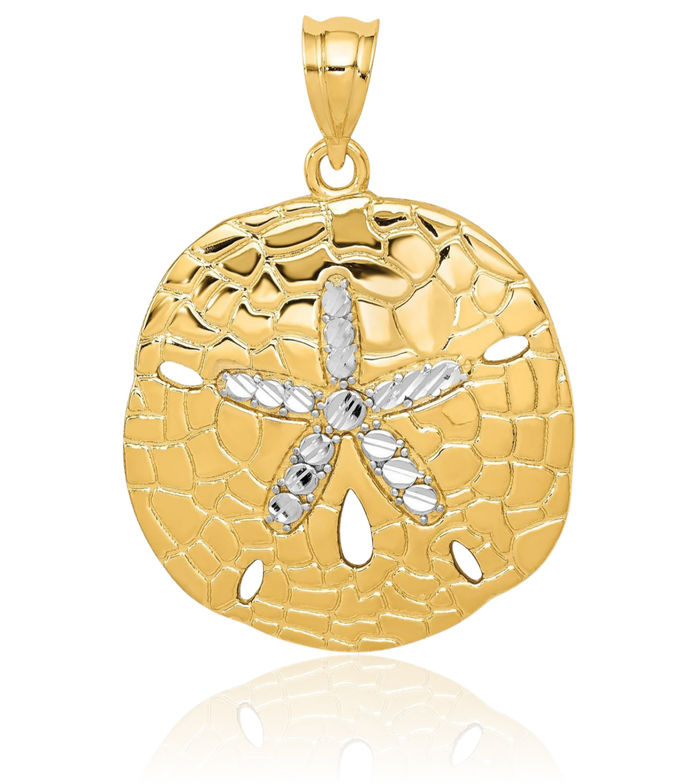 14K Solid Two Tone Yellow White Gold Sand Dollar Sea Star Starfish Necklace Chain Pendant Charm