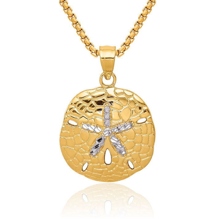 14K Solid Two Tone Yellow White Gold Sand Dollar Sea Star Starfish Necklace Chain Pendant Charm