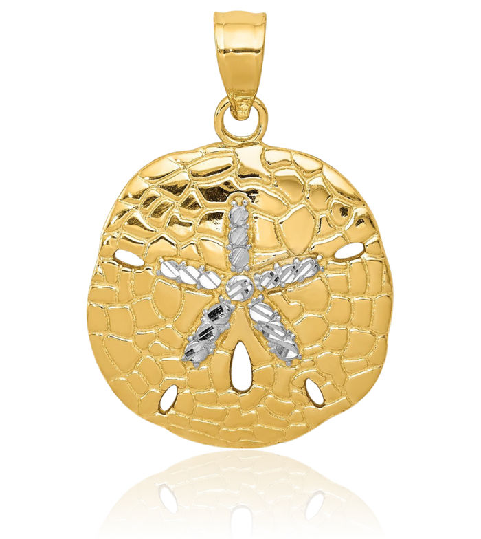 14K Solid Two Tone Yellow White Gold Sand Dollar Sea Star Starfish Necklace Chain Pendant Charm