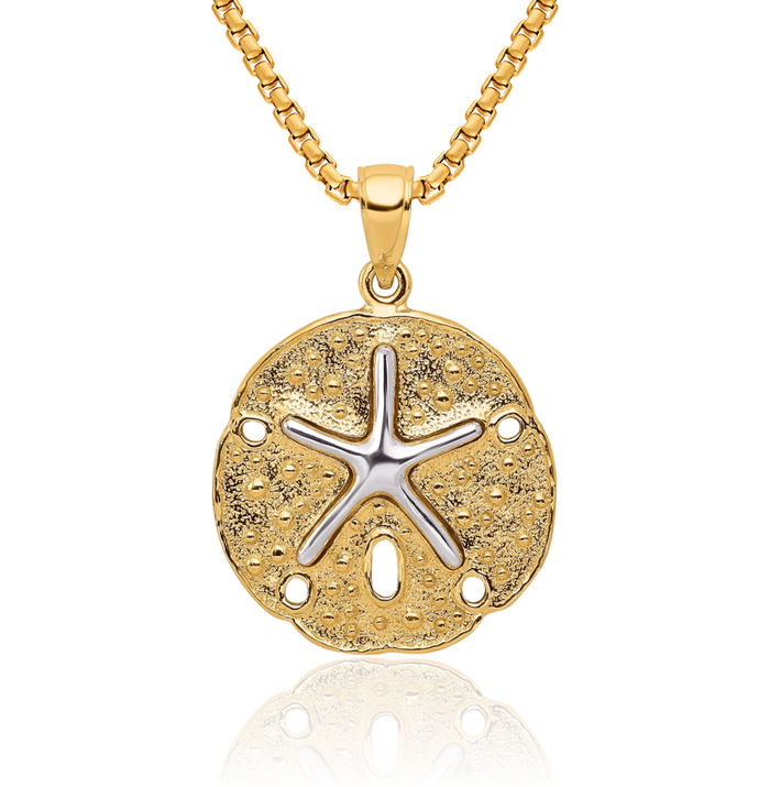 14K Solid Two Tone Gold Sand Dollar Sea Star Starfish Necklace Chain Pendant Charm