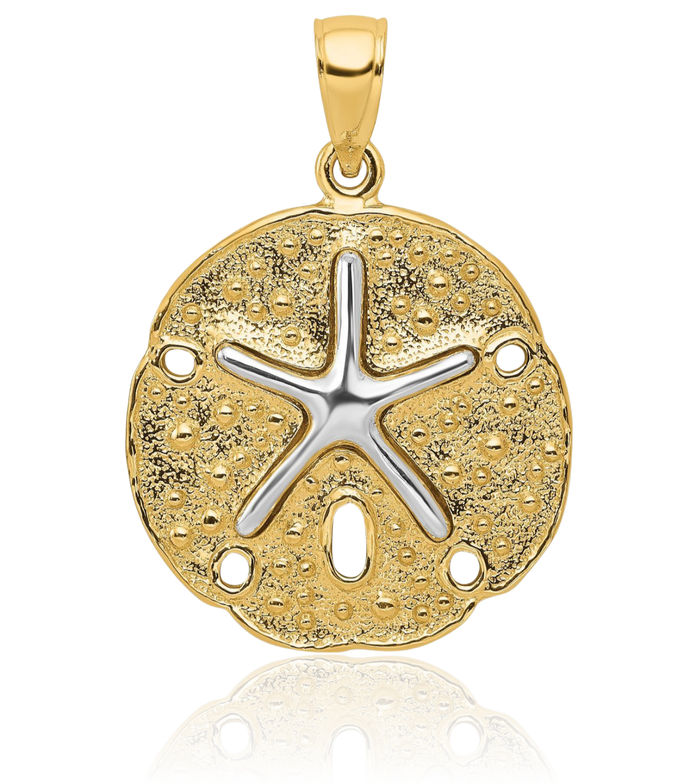 14K Solid Two Tone Gold Sand Dollar Sea Star Starfish Necklace Chain Pendant Charm