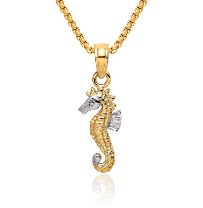 14K Solid Two Tone Yellow White Gold Seahorse Necklace Chain Pendant Charm