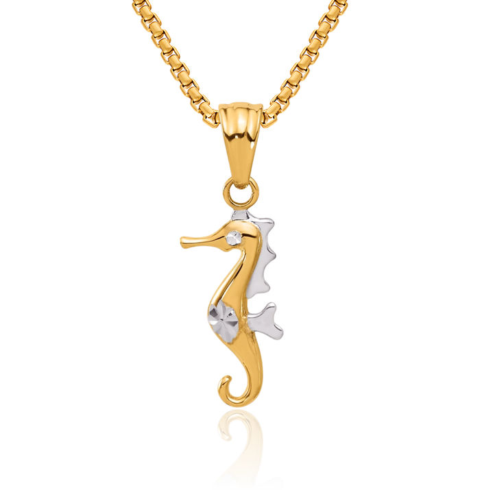 14K Solid Two Tone Yellow White Gold Seahorse Necklace Chain Pendant Charm