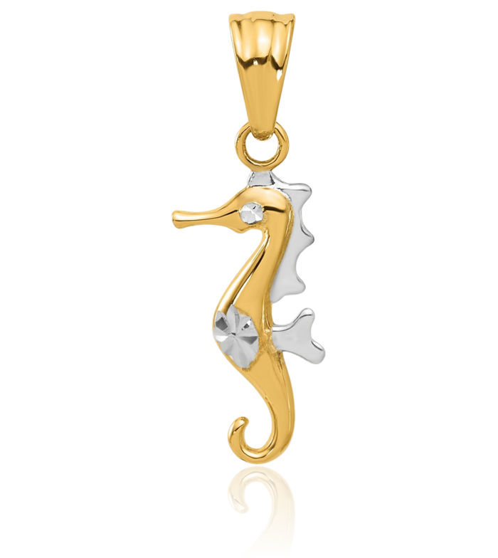 14K Solid Two Tone Yellow White Gold Seahorse Necklace Chain Pendant Charm