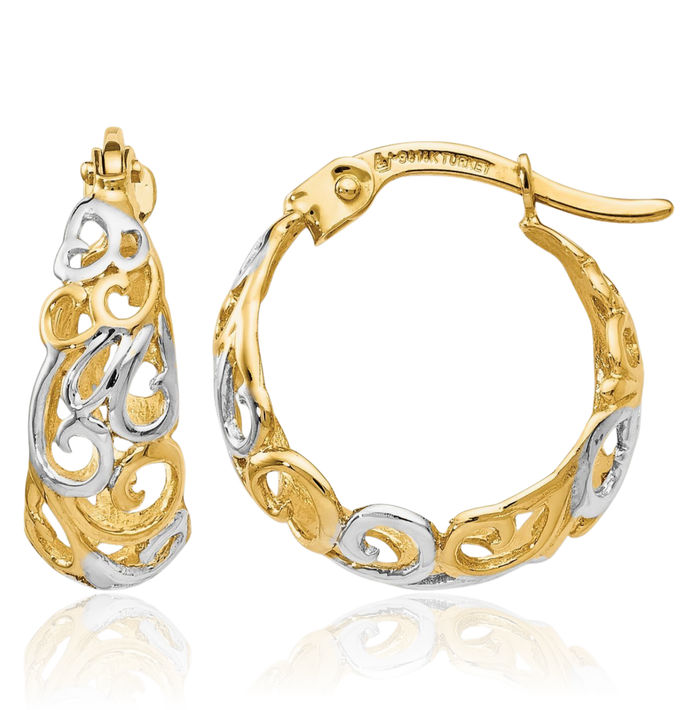 14K Solid Two Tone Gold White Small Hoop Earrings