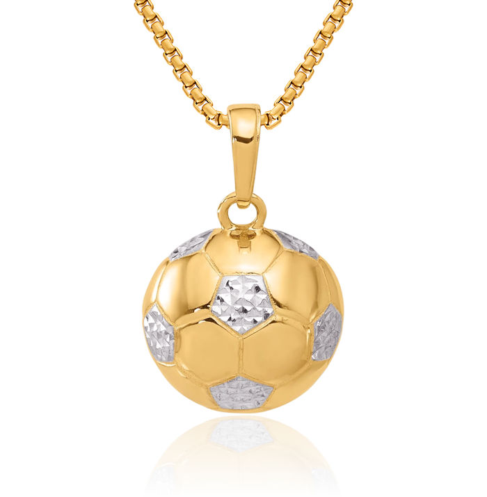 14K Solid Two Tone Yellow White Gold Soccer Ball Necklace Charm Sports Pendant