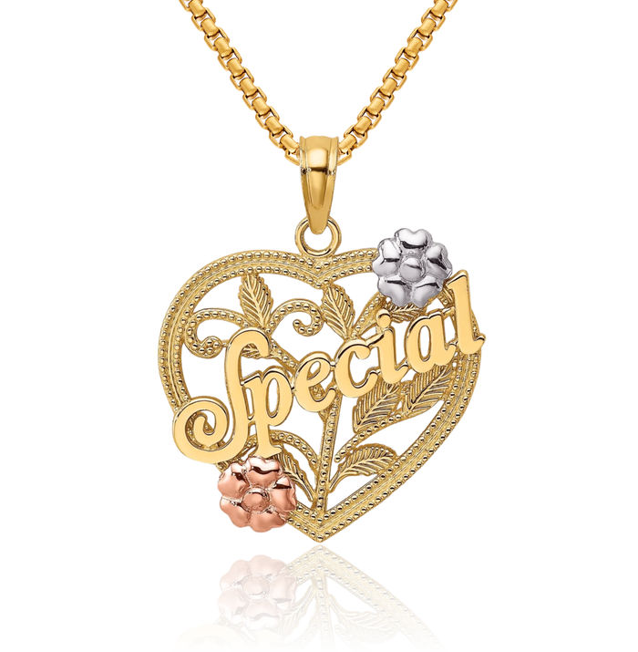 14K Solid Two Tone Gold White Special Heart Flower Necklace Chain Pendant Charm