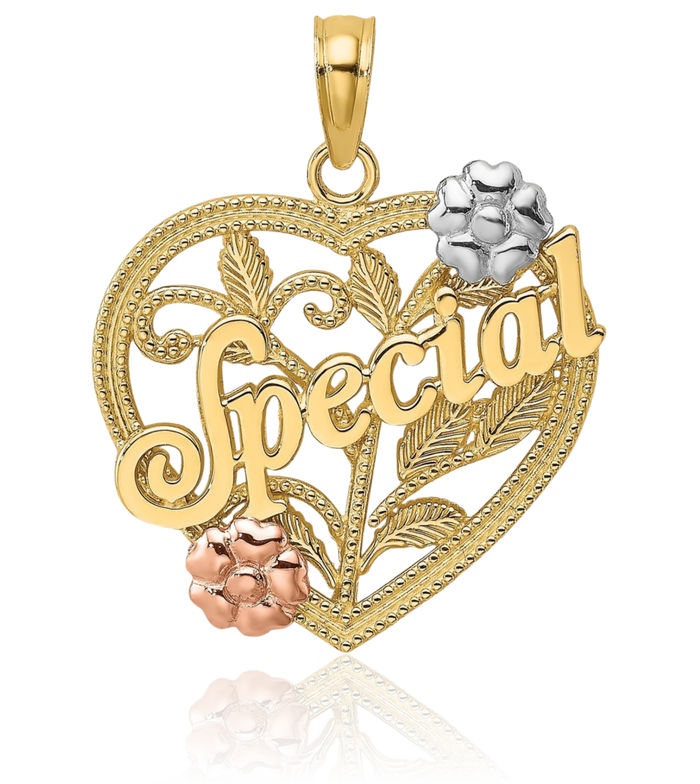 14K Solid Two Tone Gold White Special Heart Flower Necklace Chain Pendant Charm