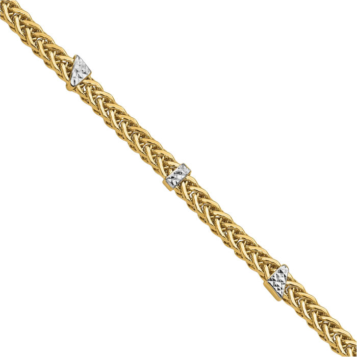 14K Solid Two Tone Yellow White Gold Spiga Wheat Link Chain Bracelet