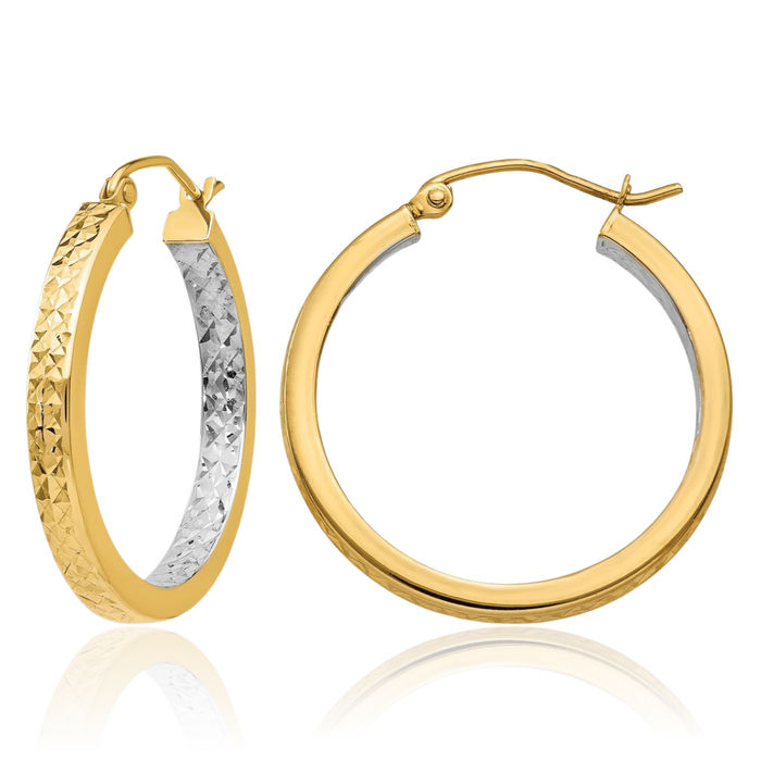 14K Solid Two Tone Yellow White Gold Square Round Medium Hoop Earrings