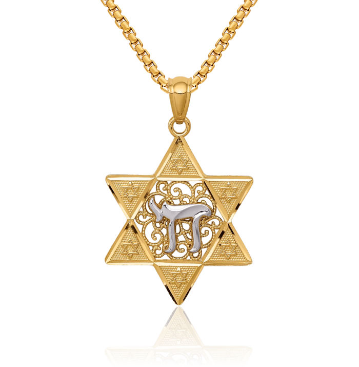 14K Solid Two Tone Gold Star of David Jewish Magen Chai Hebrew Necklace Judaica Religious Chain Pendant Israel Charm