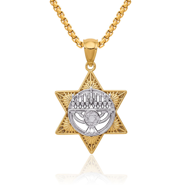 14K Solid Two Tone Gold Star of David Jewish Magen Menorah Necklace Judaica Religious Chain Pendant Israel Charm