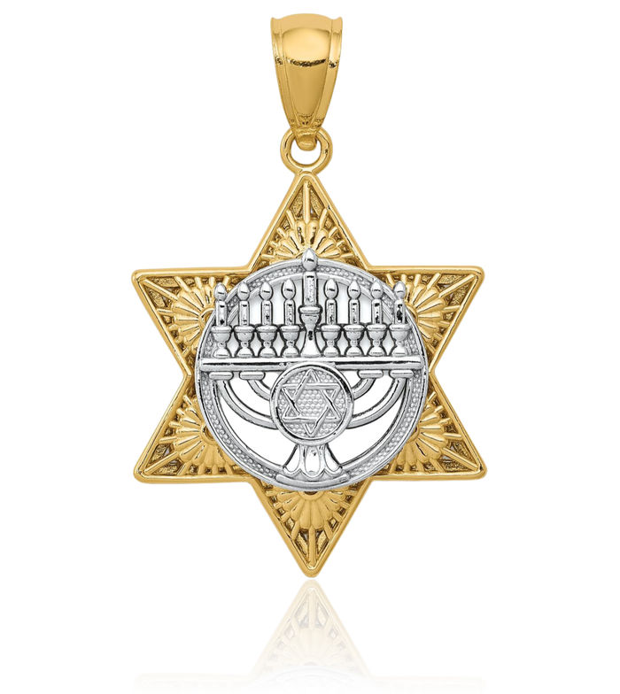 14K Solid Two Tone Gold Star of David Jewish Magen Menorah Necklace Judaica Religious Chain Pendant Israel Charm