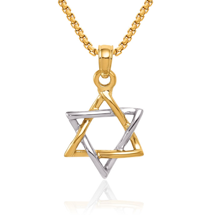 14K Solid Two Tone Gold Star of David Jewish Magen Necklace Judaica Religious Chain Pendant Israel Charm