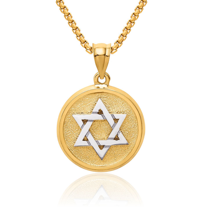 14K Solid Two Tone Gold Star of David Jewish Magen Disc Necklace Judaica Religious Chain Pendant Israel Charm