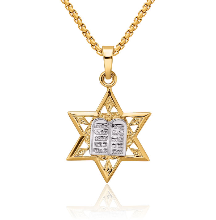 14K Solid Two Tone Gold Star of David Torah Necklace Judaica Religious Chain Pendant Israel Charm