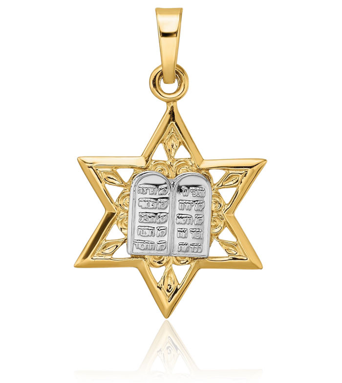 14K Solid Two Tone Gold Star of David Torah Necklace Judaica Religious Chain Pendant Israel Charm