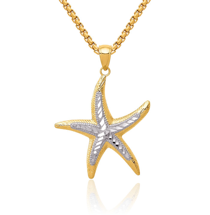 14K Solid Two Tone Yellow White Gold Starfish Necklace Chain Pendant Charm