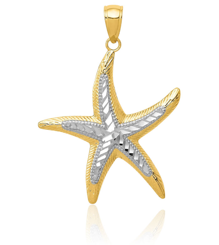 14K Solid Two Tone Yellow White Gold Starfish Necklace Chain Pendant Charm