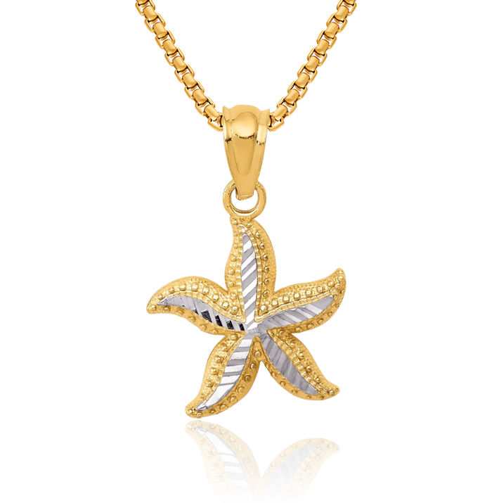 14K Solid Two Tone Yellow White Gold Starfish Necklace Chain Pendant Charm