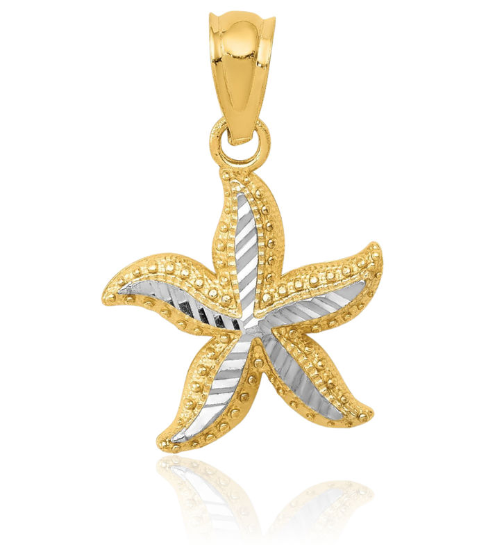 14K Solid Two Tone Yellow White Gold Starfish Necklace Chain Pendant Charm