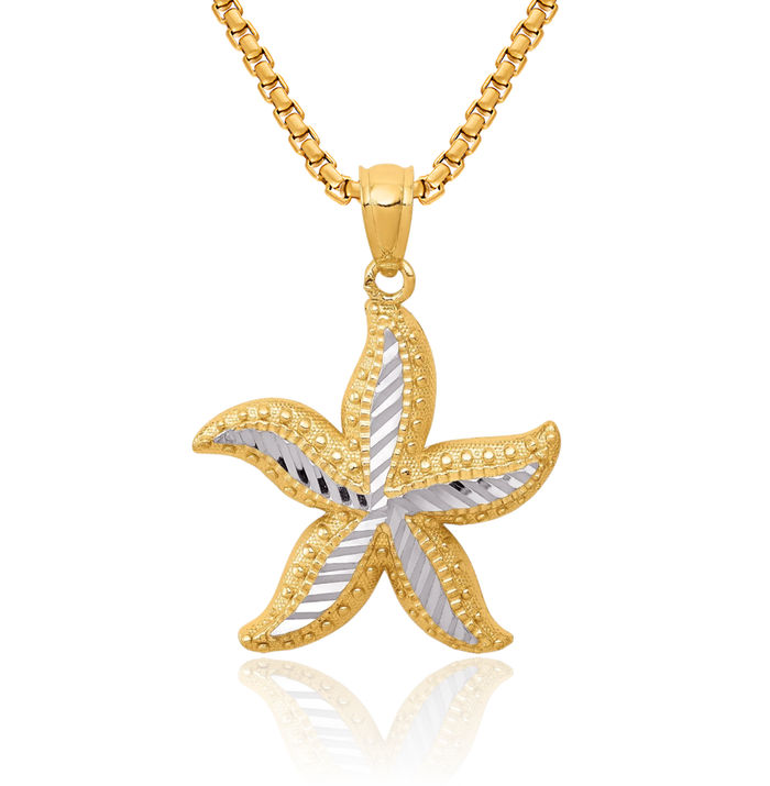 14K Solid Two Tone Yellow White Gold Starfish Necklace Chain Pendant Charm