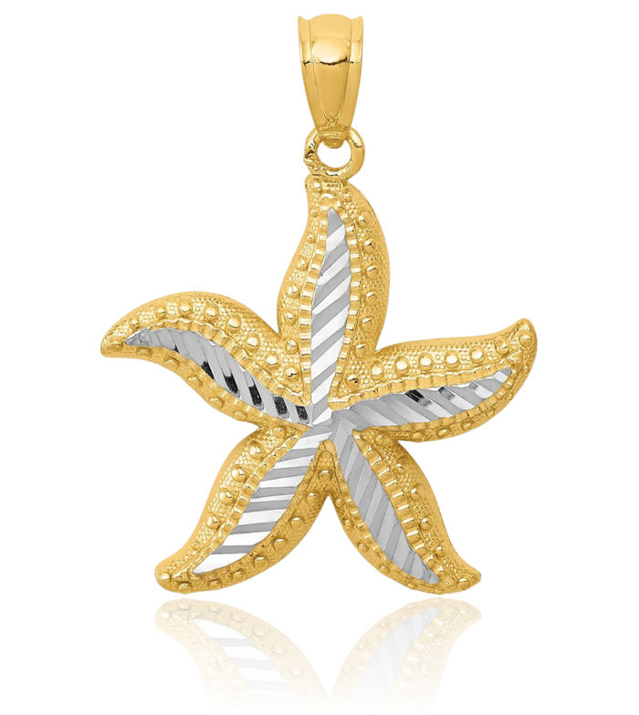 14K Solid Two Tone Yellow White Gold Starfish Necklace Chain Pendant Charm
