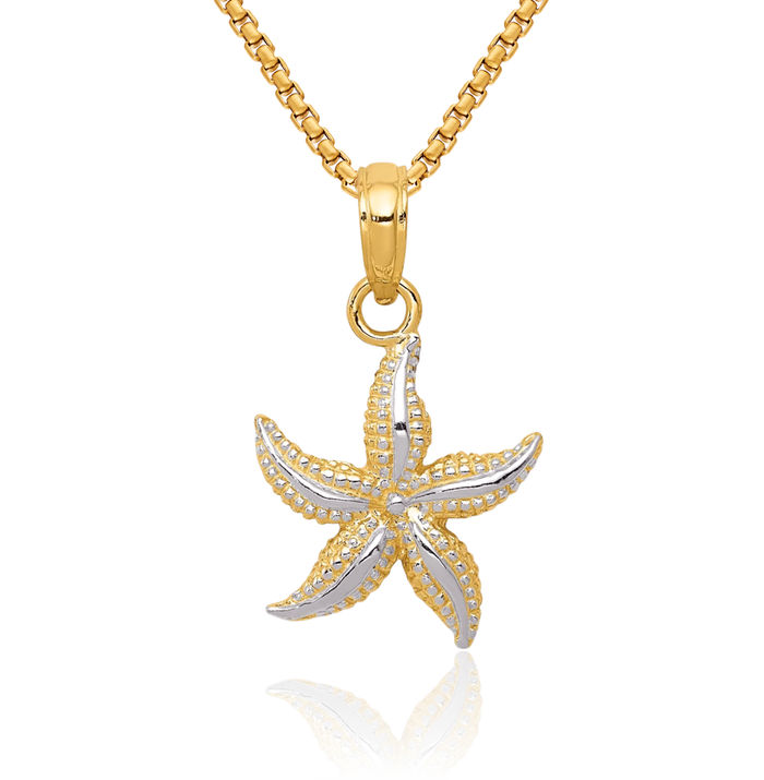 14K Solid Two Tone Yellow White Gold Starfish Necklace Chain Pendant Charm