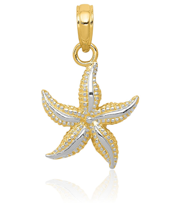 14K Solid Two Tone Yellow White Gold Starfish Necklace Chain Pendant Charm