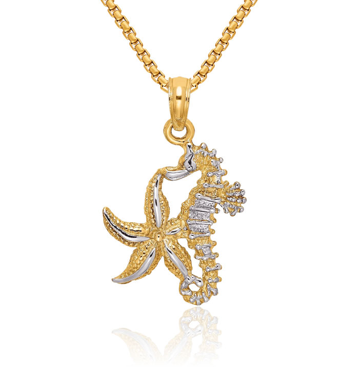 14K Solid Two Tone Yellow White Gold Starfish Seahorse Necklace Chain Pendant Charm