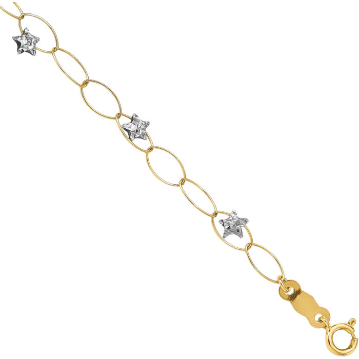 14K Solid Two Tone Gold Stars Chain Charm Bracelet