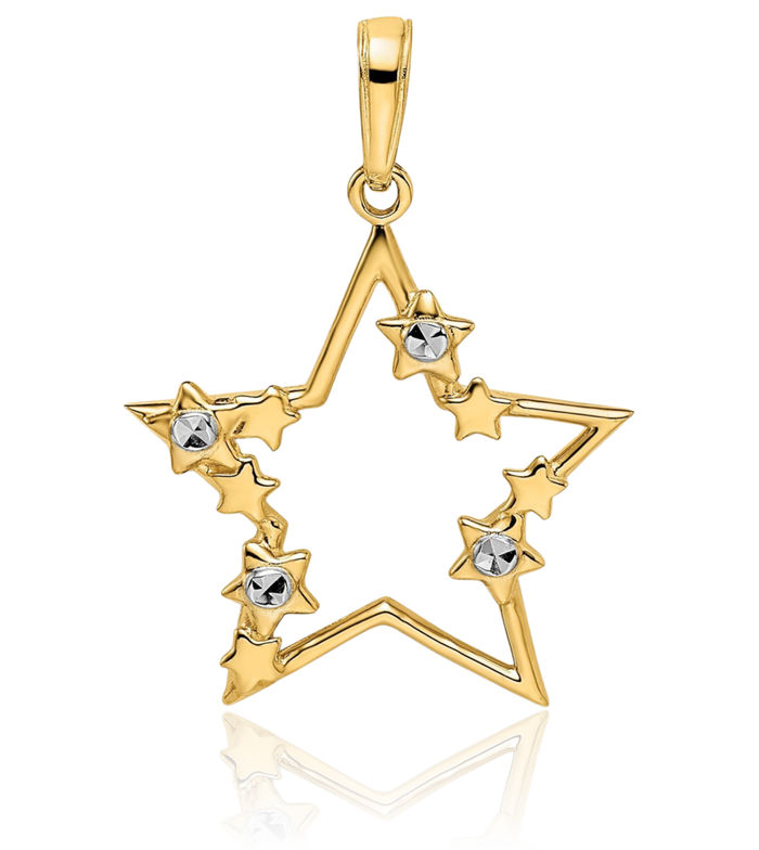 14K Solid Two Tone Gold Stars Pendant Necklace