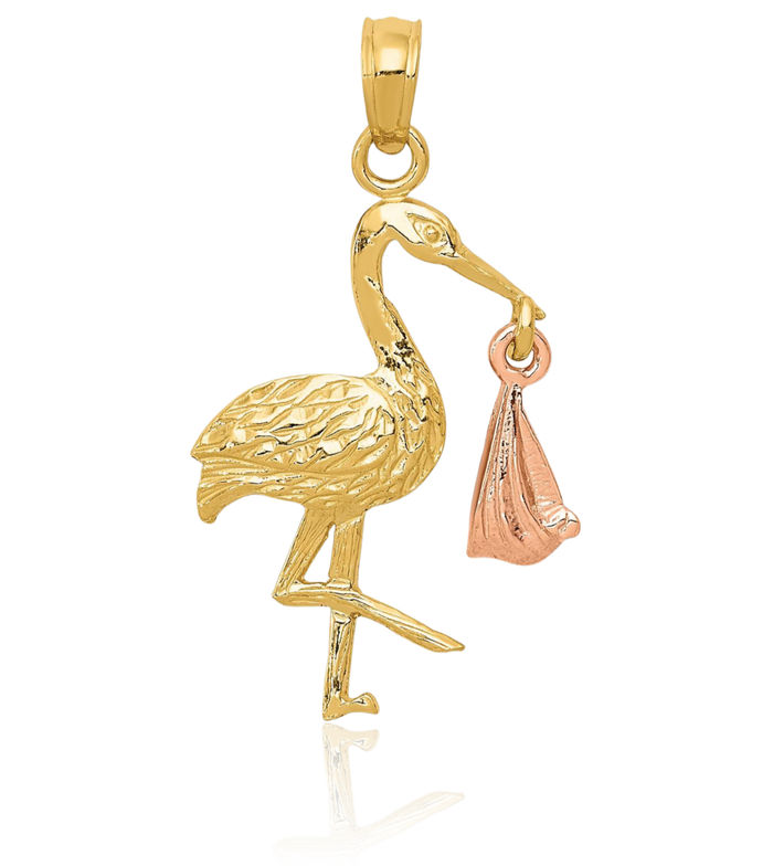 14K Solid Two Tone Gold Stork Necklace Bird Pendant Charm