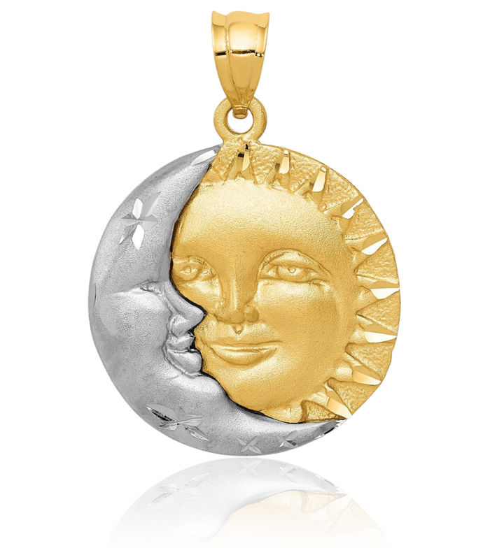 14K Solid Two Tone Gold Sun Crescent Moon Necklace Chain Pendant Charm Celestial Jewelry