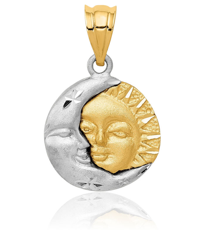 14K Solid Two Tone Gold Sun Crescent Moon Necklace Chain Pendant Charm Celestial Jewelry