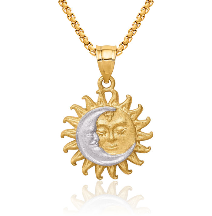 14K Solid Two Tone Yellow White Gold Sun Crescent Moon Necklace Chain Pendant Charm Celestial Jewelry