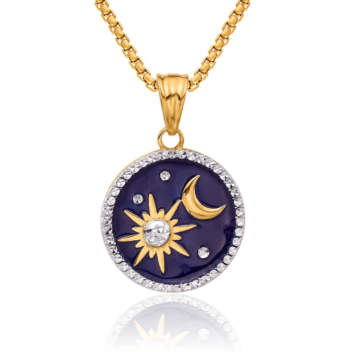 14K Solid Two Tone Yellow White Gold Sun Crescent Moon Necklace Chain Pendant Charm Celestial Jewelry