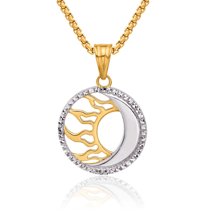 14K Solid Two Tone Yellow White Gold Sun Crescent Moon Necklace Chain Pendant Charm Celestial Jewelry