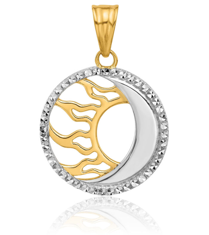 14K Solid Two Tone Yellow White Gold Sun Crescent Moon Necklace Chain Pendant Charm Celestial Jewelry