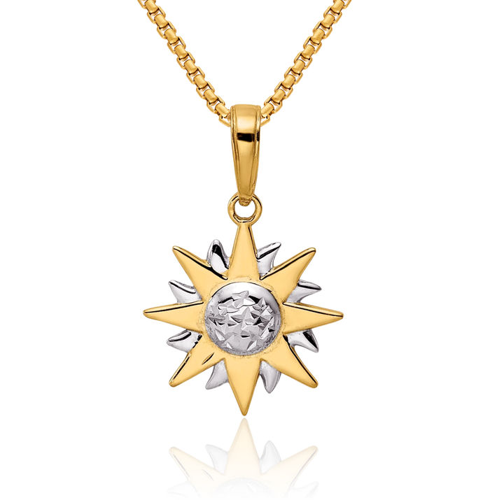 14K Solid Two Tone Yellow White Gold Sun Necklace Sunshine Pendant Sunburst Charm Celestial Jewelry