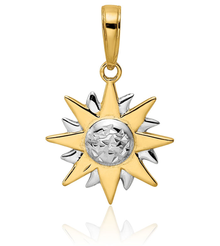 14K Solid Two Tone Yellow White Gold Sun Necklace Sunshine Pendant Sunburst Charm Celestial Jewelry