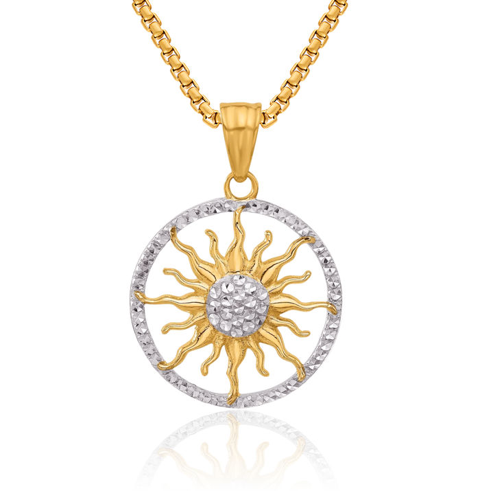 14K Solid Two Tone Yellow White Gold Sun Necklace Sunshine Pendant Sunburst Charm Celestial Jewelry