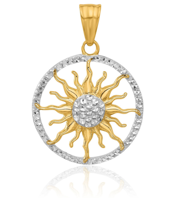 14K Solid Two Tone Yellow White Gold Sun Necklace Sunshine Pendant Sunburst Charm Celestial Jewelry