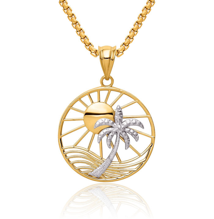 14K Solid Two Tone Gold Sun Palm Tree Necklace Summer Beach Pendant Tropical Charm