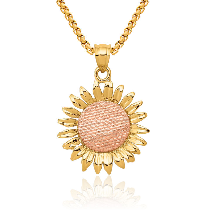 14K Solid Two Tone Gold Sunflower Necklace Daisy Pendant Sunshine Summer Flowers Charm