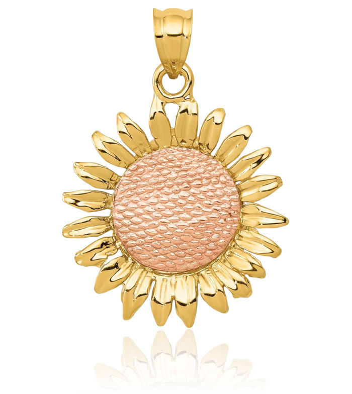 14K Solid Two Tone Gold Sunflower Necklace Daisy Pendant Sunshine Summer Flowers Charm