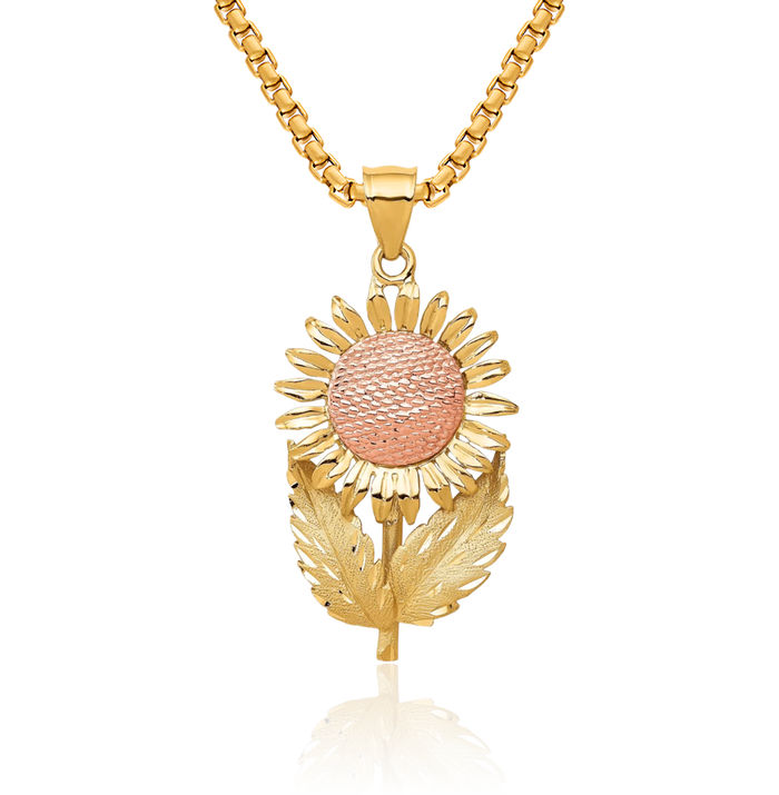 14K Solid Two Tone Gold Sunflower Necklace Daisy Pendant Sunshine Summer Flowers Charm