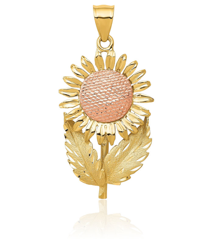 14K Solid Two Tone Gold Sunflower Necklace Daisy Pendant Sunshine Summer Flowers Charm